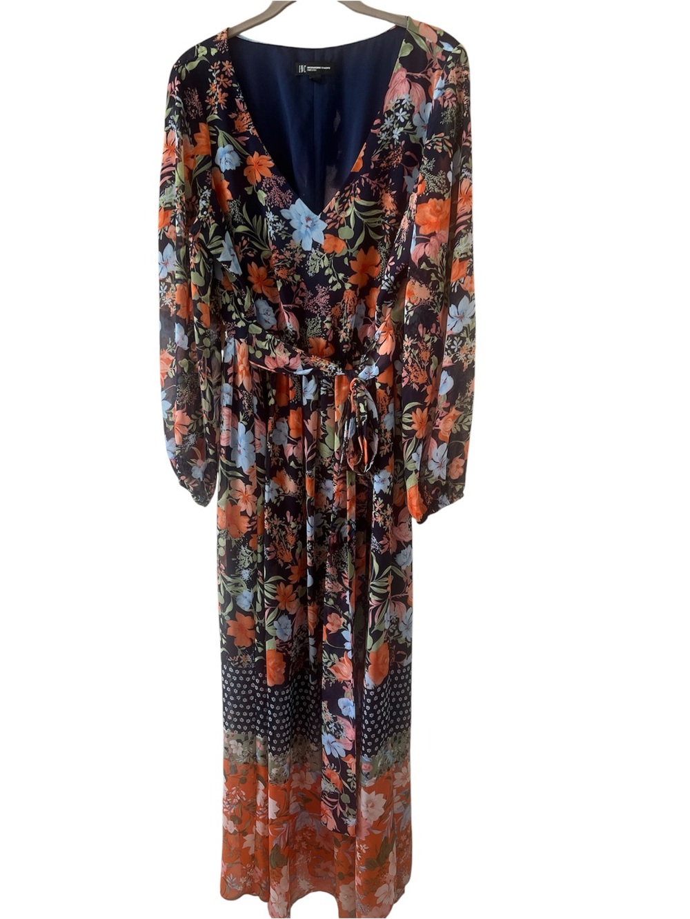 Floral Wrap Maxi Dress - Black with Orange & Blue Floral